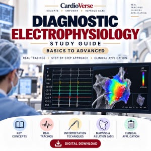 Puede incluir: Una guía de estudio digital titulada CardioVerse Diagnostic Electrophysiology Basics to Advanced. La portada muestra un monitor médico con trazados cardíacos y un mapa cardíaco 3D a color, junto a iconos de conceptos clave y aplicación clínica.