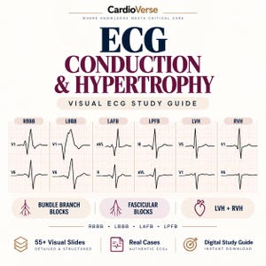 May include: A digital study guide titled CardioVerse ECG Conduction & Hypertrophy. It features medical diagrams of ECG waveforms for RBBB, LBBB, LAFB, LPFB, LVH, and RVH conditions. The layout includes icons for bundle branch blocks, fascicular blocks, and heart anatomy, plus text indicating 55+ visual slides and real cases.