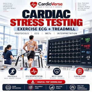 以下が含まれることがあります： CardioVerse Cardiac Stress Testing Exercise ECG + Treadmillというタイトルのデジタル教育ポスター。心電図波形、心拍数162 bpm、血圧178/82 mmHg、10.1 METsを表示するモニターが特徴です。プロトコル、心電図解釈、METs、臨床症例のアイコンが含まれています。