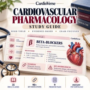 May include: A CardioVerse cardiovascular pharmacology study guide featuring a detailed card on beta-blockers with a realistic heart illustration, mechanism, uses, and adverse effects. The set includes 35 drug classes and 90+ medications.