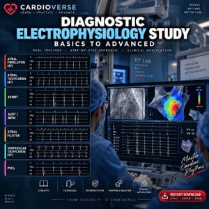 May include: An educational graphic titled Diagnostic Electrophysiology Study Basics to Advanced, featuring a list of cardiac rhythm tracings including Atrial Fibrillation, Atrial Tachycardia, AVNRT, AVRT/WPW, Atrial Flutter, Ventricular Tachycardia, and PVCs.