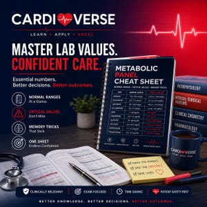 May include: A spiral-bound Metabolic Panel Cheat Sheet with a black cover featuring medical lab values, a stethoscope, a pen, a yellow sticky note with text, and a blue mug labeled CardiVerse, all set against a dark background with red accents.