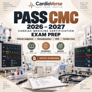 May include: A digital download for CardioVerse PASS CMC 2026-2027 cardiac medicine certification exam prep. The graphic features two medical monitors displaying vital signs, a stethoscope, a pen, and a checklist labelled Better Cardiac Care.