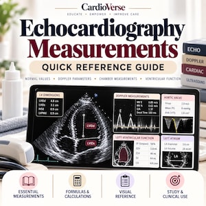Puede incluir: Una guía de referencia rápida de mediciones de ecocardiografía CardioVerse con texto médico, imágenes de ultrasonido y tablas de datos para dimensiones del VI, mediciones Doppler, válvula aórtica y función ventricular izquierda.