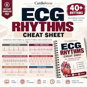 Puede incluir: Una hoja de referencia de ritmos ECG de CardioVerse con más de 40 ritmos cardíacos, reconocimiento de arritmias y una guía encuadernada en espiral con una ilustración de corazón, texto, ejemplos de ondas ECG e iconos.
