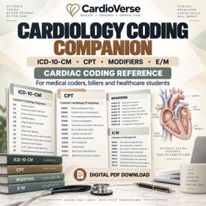 May include: A Cardiology Coding Companion reference guide featuring ICD-10-CM, CPT, Modifiers, and E/M sections. The display includes a diagram of the human heart, a stack of four labeled books, a stethoscope, and a pen on a desk surface.