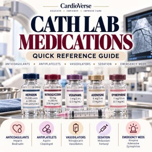 May include: A CardioVerse quick reference guide for cath lab medications featuring five clear glass vials labeled Heparin, Nitroglycerin, Verapamil, Adenosine, and Epinephrine with specific dosages, a plastic syringe, and icons for drug categories.