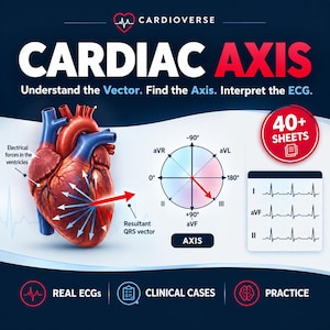 May include: An educational infographic titled CARDIAC AXIS featuring a realistic human heart illustration, a vector diagram with labels aVR, aVL, aVF, and I, II, III, and an ECG strip. Text includes Understand the Vector. Find the Axis. Interpret the ECG. 40+ SHEETS.