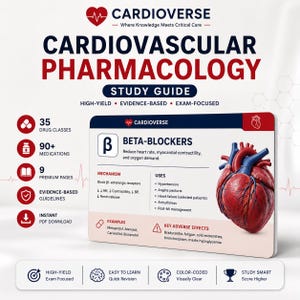 Pode incluir: Um guia de estudo de farmacologia cardiovascular com um cartão detalhado sobre betabloqueadores e uma ilustração anatômica realista do coração. O guia inclui seções sobre mecanismo, usos, exemplos e efeitos adversos com ícones.