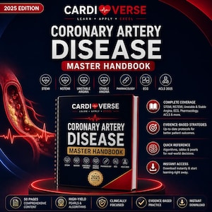 May include: A spiral-bound CardiVerse Coronary Artery Disease Master Handbook 2025 Edition. The black cover features white and gold text, a red heart icon, and medical icons for STEMI, NSTEMI, Angina, Pharmacology, ECG, and ACLS 2025.