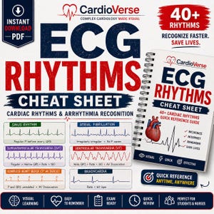 May include: A CardioVerse ECG Rhythms cheat sheet featuring a spiral-bound reference guide with 40+ cardiac rhythms, arrhythmia recognition, and a human heart illustration. The document includes text, medical diagrams, and icons for quick study.