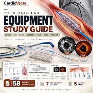 以下が含まれることがあります： 58枚のスライドで構成されるデジタル学習ガイド「CardioVerse PCI & Cath Lab Equipment Study Guide」。ガイドには、ガイドワイヤー、バルーン、ステント、カテーテルの図解に加え、臨床用のIVUSおよびOCT画像診断の例が含まれています。
