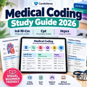 Puede incluir: Una guía de estudio de codificación médica 2026 con una tableta que muestra un flujo de trabajo, tablas ICD-10-CM, CPT y HCPCS, diagramas anatómicos y pautas de facturación. Una insignia rosa dice Visual Beginner Friendly.
