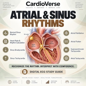 May include: An educational infographic titled CardioVerse Atrial & Sinus Rhythms featuring a detailed anatomical illustration of a human heart with labelled SA and AV nodes, surrounded by icons and text for various cardiac rhythm conditions.