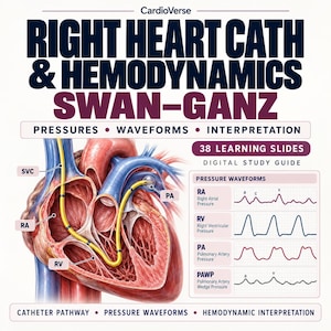 Puede incluir: Una guía de estudio digital titulada CardioVerse Right Heart Cath & Hemodynamics Swan-Ganz con 38 diapositivas. Incluye una ilustración anatómica de un corazón humano con un catéter amarillo y gráficos de ondas de presión para RA, RV, PA y PAWP.