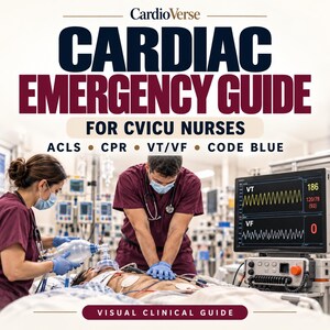 Puede incluir: Una guía clínica visual CardioVerse Cardiac Emergency Guide for CVICU Nurses con texto sobre ACLS, CPR, VT/VF y Code Blue. El gráfico muestra al personal médico realizando reanimación a un paciente con un monitor cardíaco.