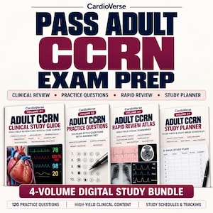Peut inclure: Un ensemble d'étude numérique en quatre volumes intitulé CardioVerse Pass Adult CCRN Exam Prep. Il comprend un guide d'étude clinique, des questions d'entraînement, un atlas de révision rapide et un planificateur, avec des illustrations médicales.