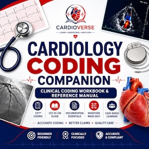May include: A Cardiology Coding Companion clinical coding workbook and reference manual featuring a stethoscope, an ECG, an echocardiogram, a pacemaker, and an anatomical heart model. The text includes Cardioverse, CPT Coding, ICD-10-CM Guide, and more.