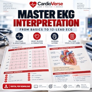 Puede incluir: Una guía de estudio digital titulada Master EKG Interpretation from Basics to 12-Lead ECG de CardioVerse. El documento presenta una descripción general del ECG de 12 derivaciones, un diagrama del sistema de conducción cardíaca y hallazgos comunes.