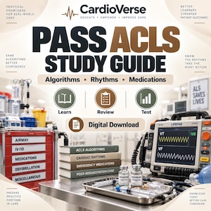 Può includere: Una guida allo studio digitale per la certificazione ACLS con il logo CardioVerse, testo su algoritmi, ritmi e farmaci, una pila di quattro libri, un carrello di emergenza e un monitor LifePak che mostra i ritmi cardiaci VT e VF.