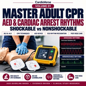 Op de afbeelding: Educatieve poster getiteld CardioVerse Volume 01 Master Adult CPR AED & Cardiac Arrest Rhythms. Het toont een geel AED-apparaat, een reanimatiepop en grafieken die schokbare versus niet-schokbare hartritmes vergelijken.