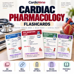 May include: CardioVerse Cardiac Pharmacology flashcards featuring medical study content. Four cards display drug classes: Beta Blockers, ACE Inhibitors, Calcium Channel Blockers, and Loop Diuretics with MOA, uses, side effects, and nursing considerations.