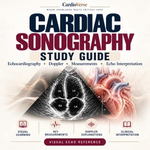 Puede incluir: Una guía de estudio de ecografía cardíaca con el texto CardioVerse, Where Knowledge Meets Critical Care, Cardiac Sonography, Study Guide, Echocardiography, Doppler, Measurements, Echo Interpretation y Visual Echo Reference.