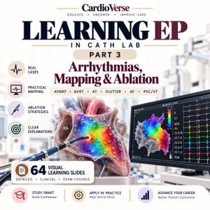 Puede incluir: Gráfico educativo titulado CardioVerse Learning EP Part 3: Arrhythmias, Mapping & Ablation. Muestra un modelo anatómico de corazón en 3D con una superposición de mapeo colorida, un monitor con datos cardíacos y 64 diapositivas de aprendizaje.