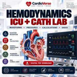 Peut inclure: Une affiche éducative numérique intitulée HEMODYNAMICS ICU + CATH LAB présentant une coupe transversale d'un cœur humain avec un cathéter, un moniteur médical affichant des ondes et pressions, et des sections de texte sur les cas cliniques.