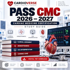 Puede incluir: Una guía de estudio digital para el examen de Certificación en Medicina Cardíaca 2026-2027. La portada incluye el texto CARDIOVERSE, PASS CMC y temas como juicio clínico, hemodinámica, interpretación de ECG y cuidado cardíaco.