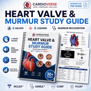 Puede incluir: Una guía de estudio en espiral Heart Valve & Murmur de Cardioverse con una ilustración anatómica del corazón, cuatro diagramas de válvulas y componentes PDF interactivos. La portada muestra el título, 30+ páginas e iconos de imágenes, vídeo y audio.