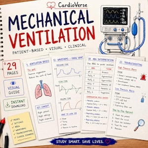 Puede incluir: Una guía de estudio digital de 29 páginas titulada Mechanical Ventilation de CardioVerse. El documento presenta ilustraciones dibujadas a mano de un ventilador, anatomía pulmonar, gráficos de ondas y tablas clínicas para la interpretación de gases.