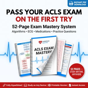 Könnte beinhalten: Ein 52-seitiges ACLS-Prüfungsvorbereitungssystem im PDF-Format. Das Deckblatt zeigt den Text ACLS EXAM MASTERY, ein Herz-EKG-Logo und eine blaue Herzschlaglinie. Das Dokument enthält Herzalgorithmen, EKG-Aufzeichnungen, Medikamente und Übungsfragen.