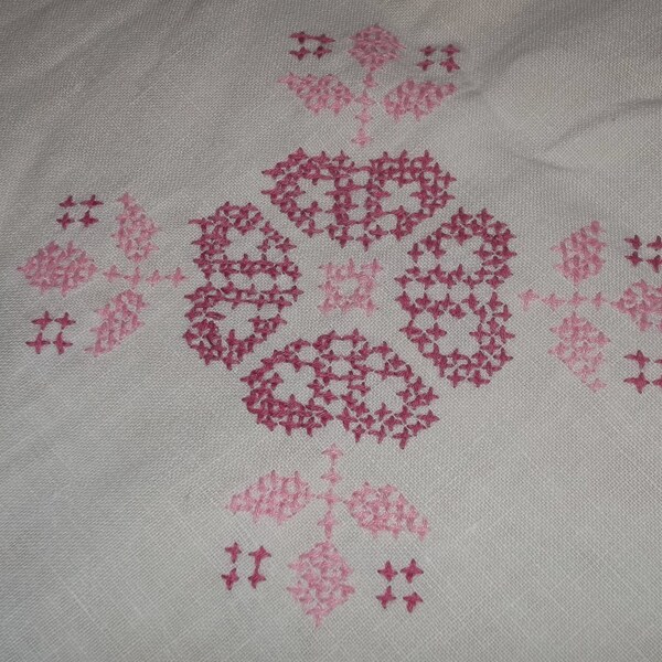 Vintage Linen Tablecloth With Hand Embroidered Flowers...Cross Stitch