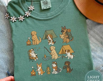 Camiseta fofa para acampar com cachorro, camiseta aconchegante em cores vibrantes para campistas, camiseta divertida para aventuras ao ar livre, presente perfeito para amantes da natureza e de trilhas com seu cachorro.