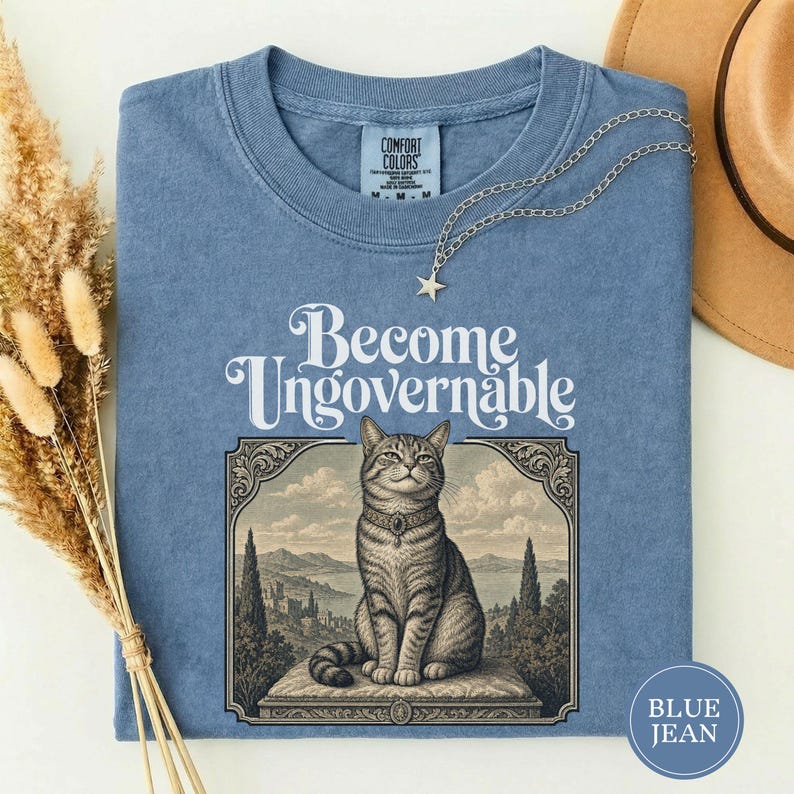Become Ungovernable Vintage Cat Tee, Funny Gen Z Sarcastic Shirt, Woodcut Cat Lover Gift, Weird Feral Cat Mom Lover Humor Tshirt Blue Jean