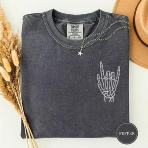 Rock On Skeleton Hand Shirt, Funny Rock Graphic Tee, Rock Fingers Shirt, Cool Mens Graphic Tee, Rock Music Gift, Rocker Tee, Gift for Him Pepper