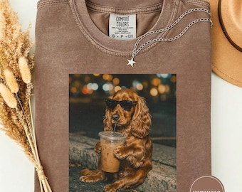 Funny Cocker Spaniel Drinking Iced Coffee Shirt, Animal Meme Tee, Dog Lover Gift, Funny Spaniel Shirt, Coffee Tee, Dog Mom Gift