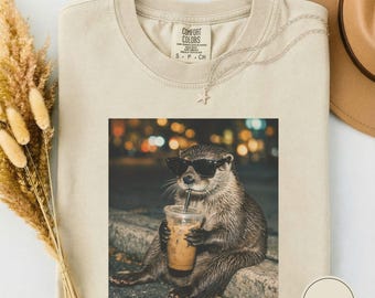 Funny Otter Drinking Iced Coffee Shirt, Animal Meme Graphic Tee, Otter Lover Gift, Funny Otter Shirt, Coffee Lover Tee, Otter Tee