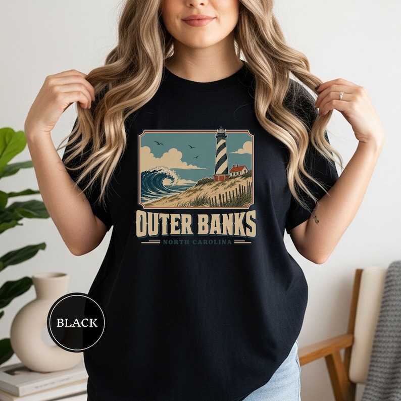 Outer Banks North Carolina Tee, Vintage Beach Poster Shirt, OBX Vacation Gift, North Carolina Travel Tee, Outer Banks Souvenir Black