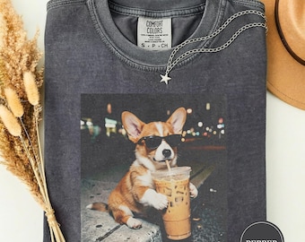 Comfort Colors Corgi Drinking Iced Coffee Shirt, Animal Meme Tee, Dog Lover Gift, Funny Corgi Shirt, Coffee Tee, Dog Mom Gift