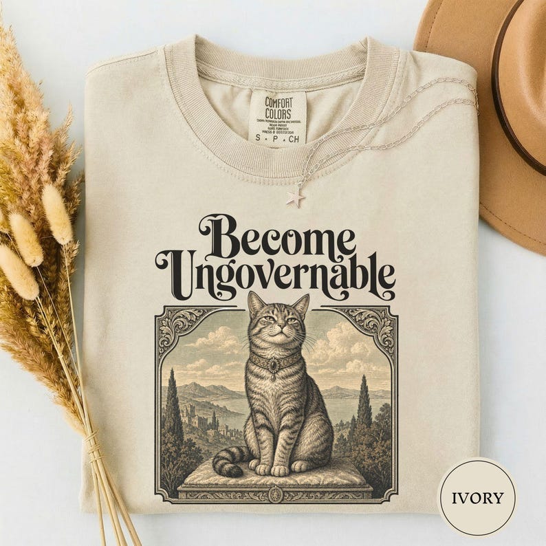Become Ungovernable Vintage Cat Tee, Funny Gen Z Sarcastic Shirt, Woodcut Cat Lover Gift, Weird Feral Cat Mom Lover Humor Tshirt Ivory