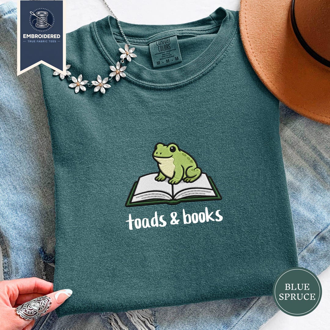 Embroidered Toads & Books Shirt, Cute Toad Reading Tee, Comfort Colors ...