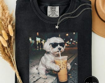 Funny Maltese Drinking Iced Coffee Shirt, Animal Meme Tee, Dog Lover Gift, Funny Maltese Shirt, Coffee Lover Tee, Cute Dog Mom Gift