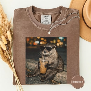 Funny Otter Drinking Iced Coffee Shirt, Animal Meme Graphic Tee, Otter Lover Gift, Funny Otter Shirt, Coffee Lover Tee, Otter Tee Espresso
