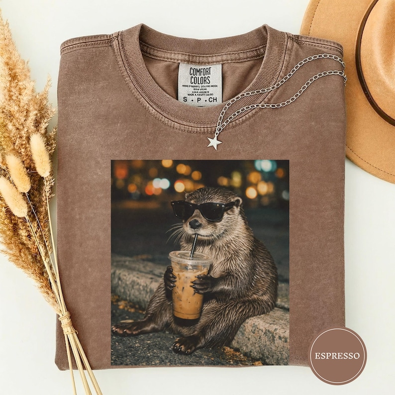 Funny Otter Drinking Iced Coffee Shirt, Animal Meme Graphic Tee, Otter Lover Gift, Funny Otter Shirt, Coffee Lover Tee, Otter Tee Espresso