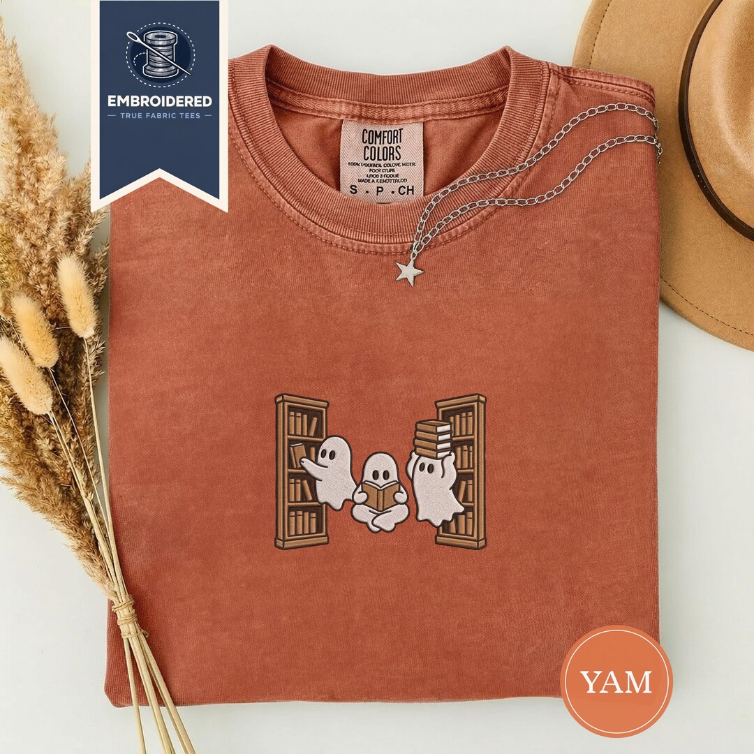 Ghosts Browsing Library Embroidered Comfort Colors Tee, Bookish Ghost ...