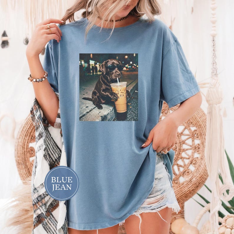 Funny Chocolate Lab Drinking Iced Coffee Shirt, Animal Meme Tee, Dog Lover Gift, Funny Lab Shirt, Dog Mom Gift, Chocolate Lab Gift Blue Jean