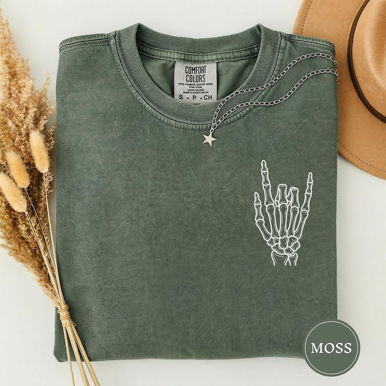 Rock On Skeleton Hand Shirt, Funny Rock Graphic Tee, Rock Fingers Shirt, Cool Mens Graphic Tee, Rock Music Gift, Rocker Tee, Gift for Him Moss