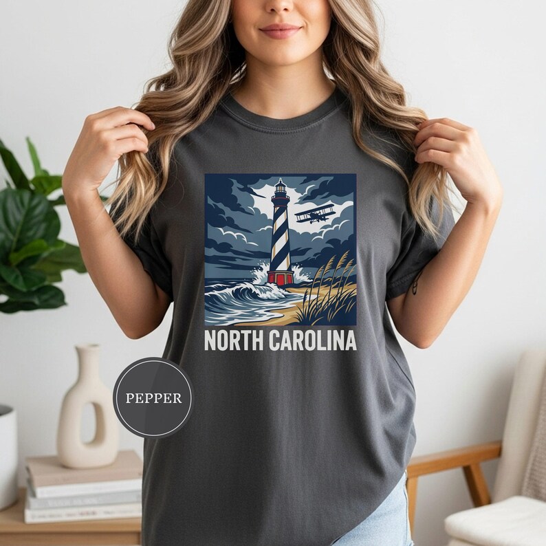North Carolina Lighthouse Biplane Shirt, North Carolina Pride Tee, North Carolina Gift, Outer Banks Shirt, Coast Tee, NC Nature Gift Pepper